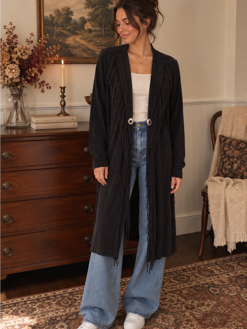 Wrangler Black Long Fringe Open-Front Cardigan